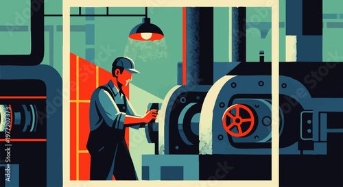 Dedicated worker meticulously operating robust industrial machinery within a vibrant factory setting, highlighting precision engineering and manufacturing process in a stylized graphic illustration
