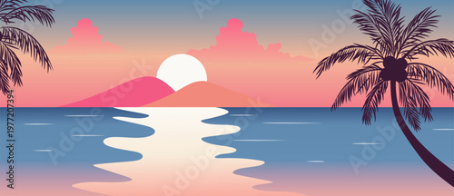 Summer beach sunset background vector with tropical palm trees, ocean waves and sandy shore. Colorful seaside landscape illustration for travel poster, banner and seasonal design.