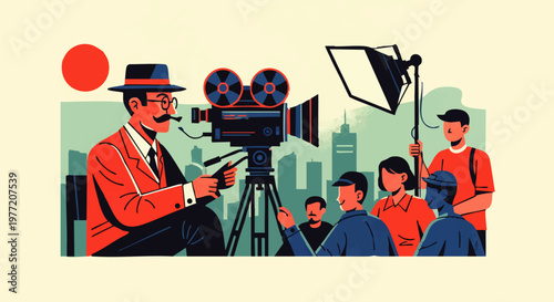 Capturing the Magic of Cinema A Director and Crew Bring a Film to Life on Set, Showcasing the Art and Technology of Movie Production in a Vibrant Illustration