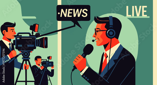 Journalist Broadcasting Live News with Camera Crew Recording the Event in a Dynamic Studio Setting