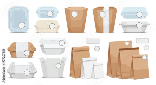 Food packaging mockup with various takeout containers and bags on a white background, showcasing different types of disposable packaging.