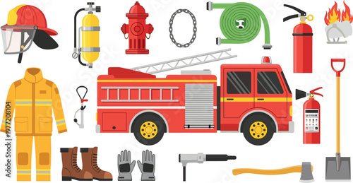 Firefighter Equipment and Tools Set Including Fire Truck, Helmet, Hose, Extinguisher, and Safety Gear