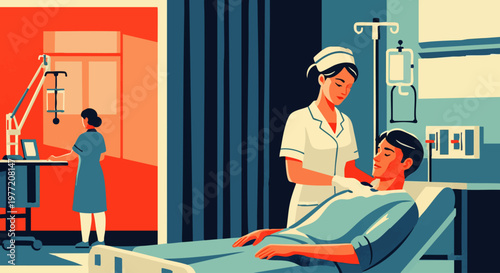 Healthcare professionals caring for patients in hospital rooms with advanced medical equipment