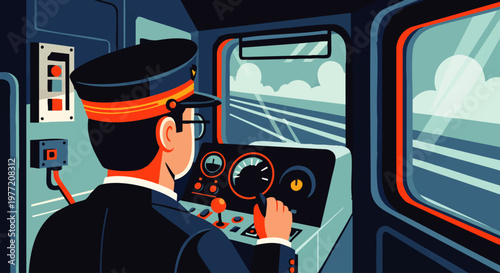Train conductor in the driver's cabin, looking at the controls and the tracks ahead with a determined expression