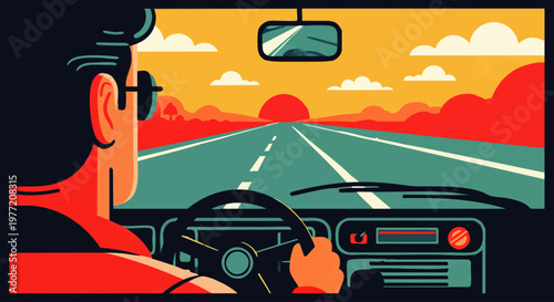 A person driving a car on a highway towards a sunset with mountains in the distance, a classic road trip illustration