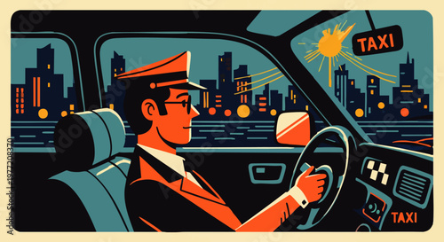 A professional taxi driver navigates through a city skyline at dusk, offering a glimpse into urban transportation and nighttime city life