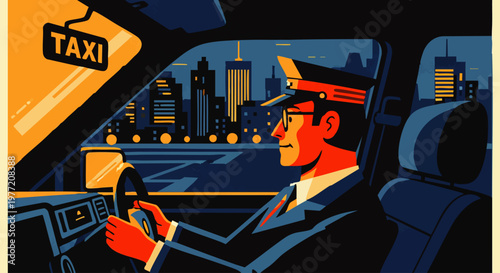 Man driving a taxi at night with city skyline in the background, illustration