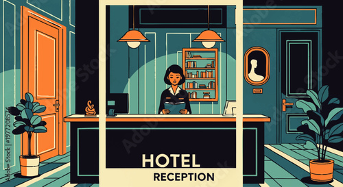 Illustration of a hotel reception desk with a smiling employee ready to assist guests, conveying a welcoming and professional atmosphere for hospitality services
