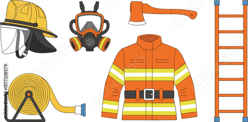 Firefighter Gear and Tools Set with Helmet, Jacket, Hose, Ladder, and Mask for Emergency Response