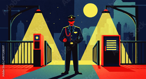 Security guard standing at checkpoint at night with city skyline in background, concept of safety and surveillance