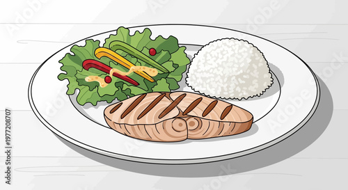 Healthy grilled salmon meal served with rice and colorful salad on a white plate