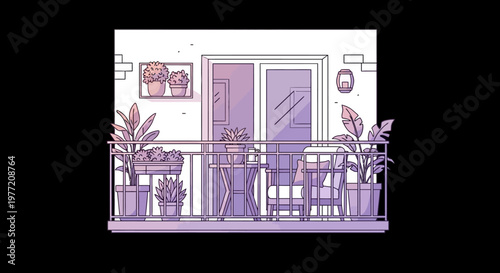 Illustrated balcony scene with plants, chairs, and table in a stylized purple design
