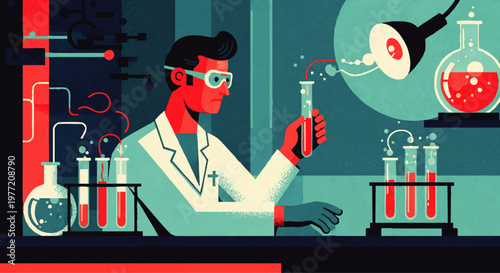 Scientist in laboratory conducting experiment with test tubes and beakers, featuring a modern, clean, and futuristic aesthetic