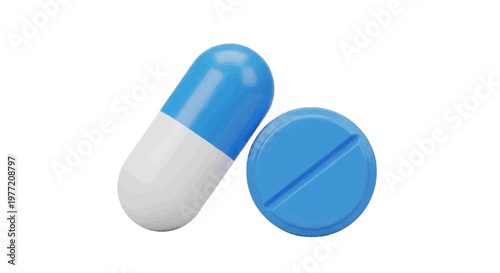 Vector illustration of blue and white capsule pill and a round blue tablet on a transparent background