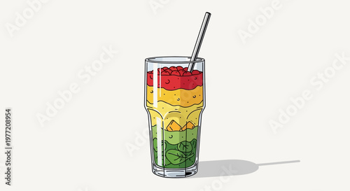 Illustrated layered smoothie in a tall glass with a straw on a plain white background