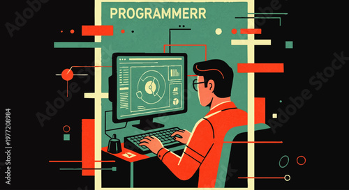 A programmer diligently working on a computer with a modern interface and abstract digital elements in a vibrant, retro-inspired illustration