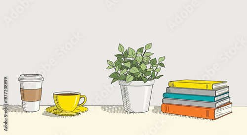 Illustrated still life with coffee, books and a plant, a moment of peacefulness