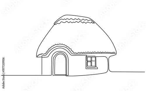 Continuous line drawing Vector illustration, traditional thatched roof cottage, simple line drawing, house icon