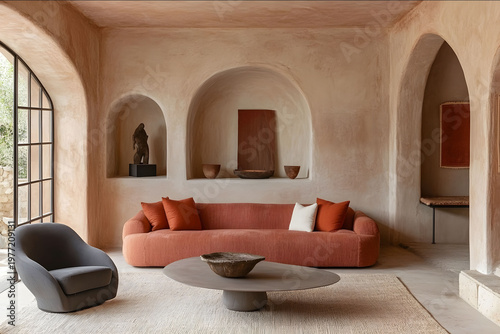 Photo of Terra cotta sofa and grey lounge chairs against beige stucco wall Interior design of modern living room