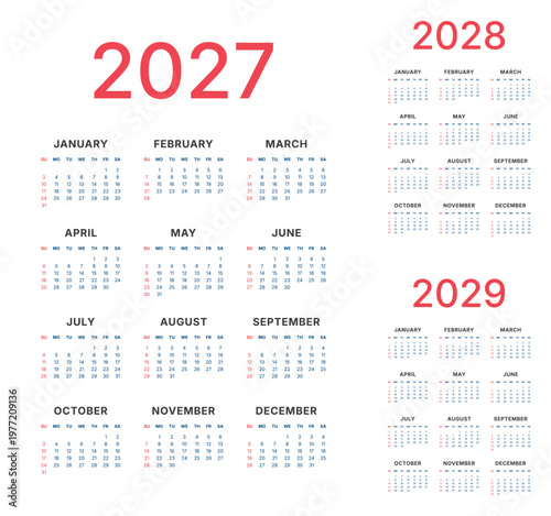 Calendar 2027 year. Week starts on Sunday. Calender vertical template for 2028 2029 in classic strict style. Wall, table design red blue black colors in English language