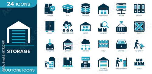 Storage icon set. Data storage, box, database, warehouse, server, archive, cloud storage, inventory, container, crate, hard drive, shelf, file cabinet, pallet, stock. Duotone vector icons.