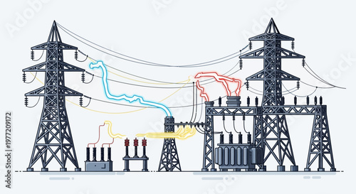 Illustration depicting a stylized power station showcasing electricity transmission process