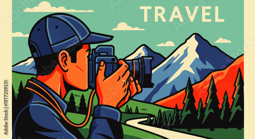 Man with camera capturing scenic mountain landscape on a travel adventure