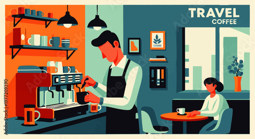 Barista preparing a coffee drink for a customer in a modern café with a travel-themed ambiance