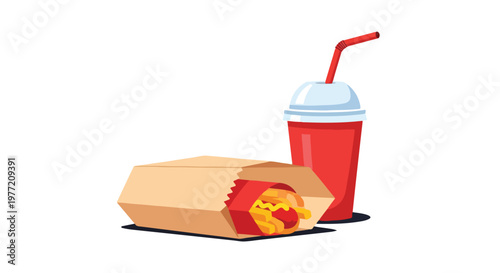 Food packaging mockup of a paper box with fries and a red disposable cup with a straw on a clean white background.
