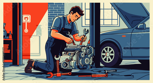 Mechanic working on a car engine in a garage, surrounded by tools, with the car hood open and a blue car in the background