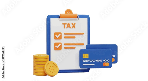 Vector illustration of 3d illustration of tax payment concept with clipboard, coins and credit cards on a transparent background