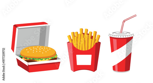 A food packaging mockup featuring a burger box with a hamburger, a box of french fries, and a soda cup with a straw on a clean white background.