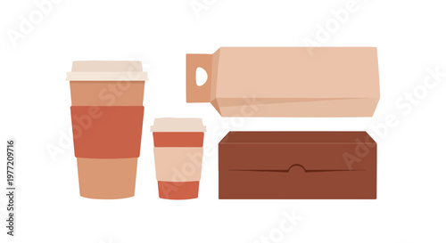 Flat lay of a food packaging mockup with disposable cups and a milk carton on a white background.