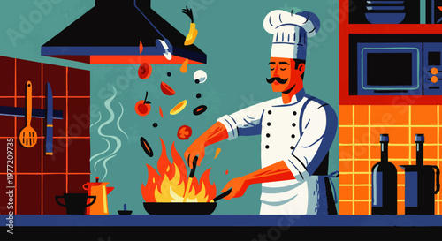 A skilled chef skillfully prepares a delicious meal over an open flame, showcasing culinary artistry in a vibrant kitchen setting, capturing the essence of fine dining and passion for cooking