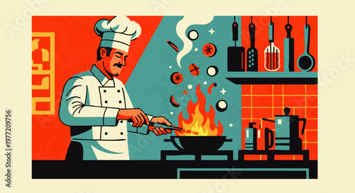 A skilled chef expertly cooks a vibrant dish over an open flame in a professional kitchen setting, highlighting culinary artistry and delicious food preparation