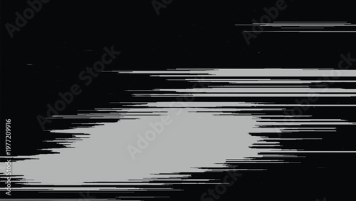 Glitchy distorted digital effect with grey streaks on a black background