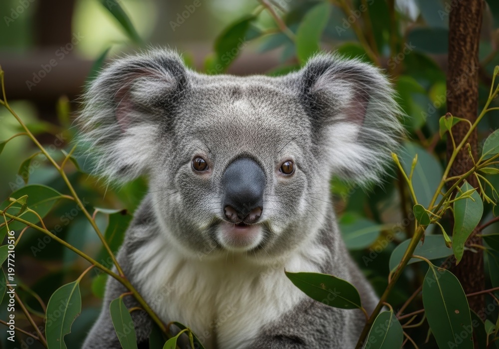 Fototapeta premium Closeup portrait of a fluffy koala bear sitting in a eucalyptus tree