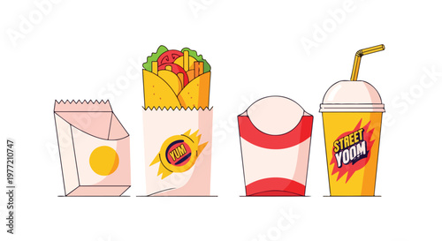 Food packaging mockup with fast food containers on a white background.