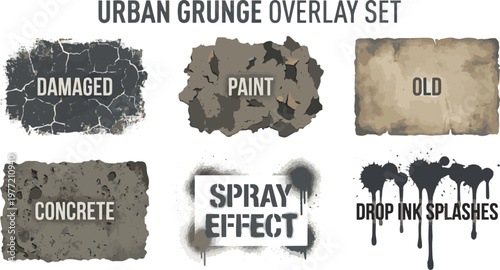 Create a realistic Overlay texture set. Different types of texture stamps (damaged, paint, old, concrete and other). Vector collection urban grunge overlay. Paint texture with spray effect vector art.