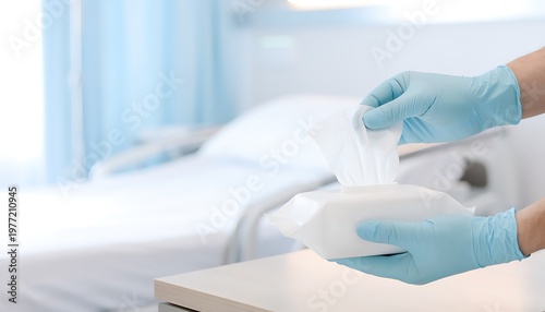 Maintaining impeccable hygiene and sanitation with a cleaning concept for effective housekeeping, hands in gloves with wet wipes