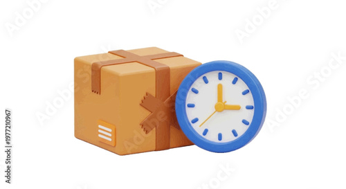 Vector illustration of 3d render of a cardboard delivery box with a clock on a transparent background