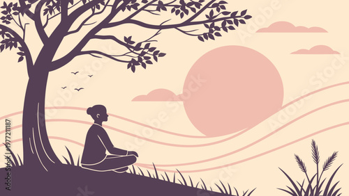 Minimalist illustration of person meditating under tree at sunset landscape symbolizing calm mindfulness and inner peace