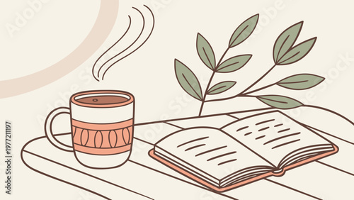 Cozy minimalist illustration of steaming cup with open book and plant leaves evoking slow living calm lifestyle