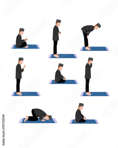 Muslim man performing Islamic prayer positions on a prayer mat, complete salah sequence isolated on a light background in instructional flat vector style
