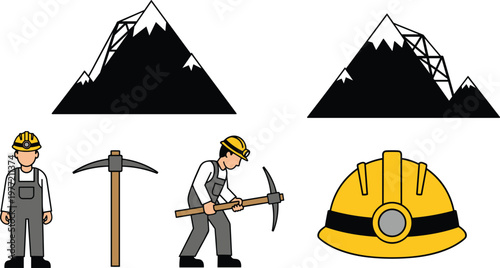"Mining Worker with Pickaxe, Yellow Helmet, and Mountain Icon, Industrial Labor and Mining Tools Graphic Design"