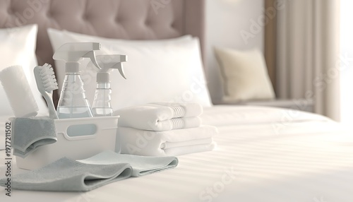 Hotel housekeeping and sanitation A close-up of cleaning supplies for hygiene and a spotless cleaning concept on a bed