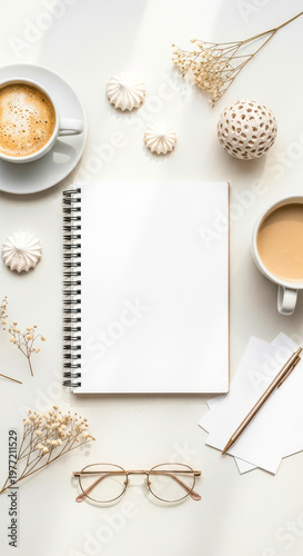 Coffee and Notebook on White Desk.