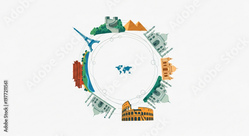 Vibrant travel destinations illustration with landmarks around globe