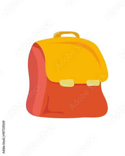 Orange and yellow school backpack with rounded flap and buckles, simple student bag isolated on a light background in modern flat vector style