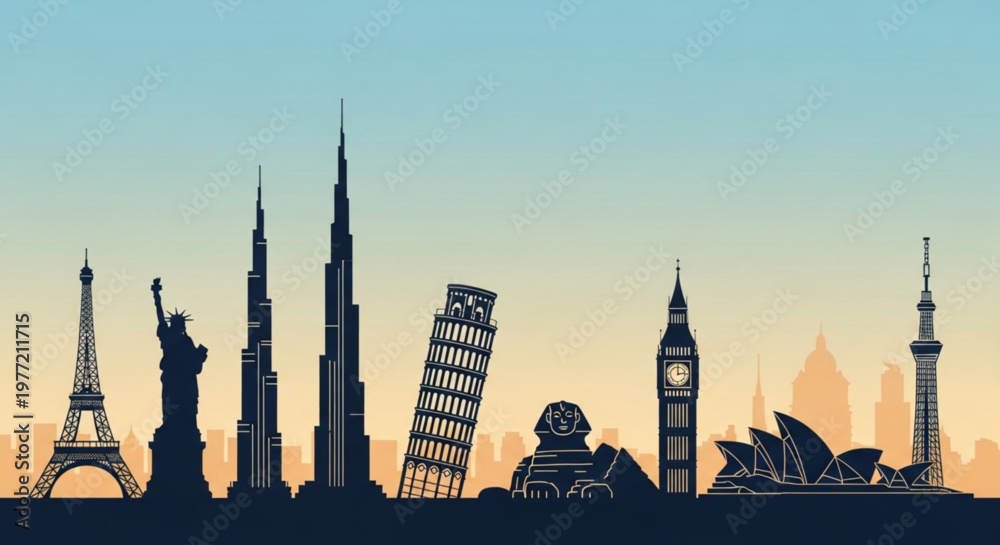 Obraz premium Silhouette of famous landmarks from around the world at sunset city skyline with iconic buildings